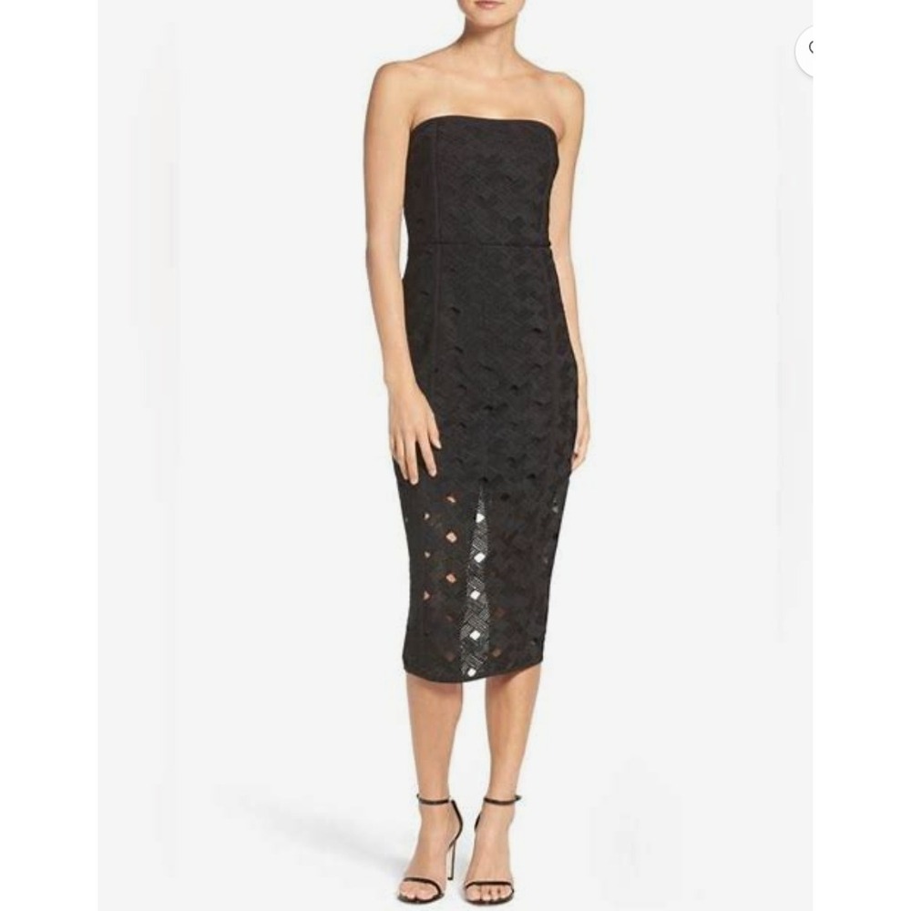 Misha Collection sz 10 Black Strapless Textured Geo Midi Dress Luxury Mob Wife